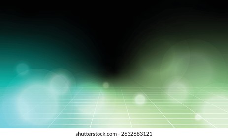 Ethereal Green and Blue Gradient Bokeh Light and Grid background in Black Fade