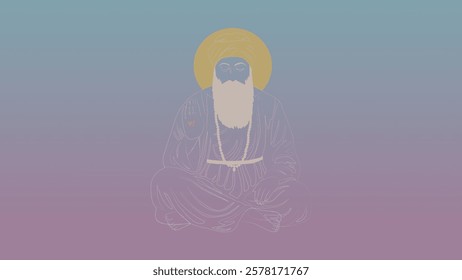 Ethereal illustration of Guru Nanak Dev Ji in a meditative posture with a glowing aura, set against a serene gradient background, symbolizing peace and divine wisdom in Sikhism