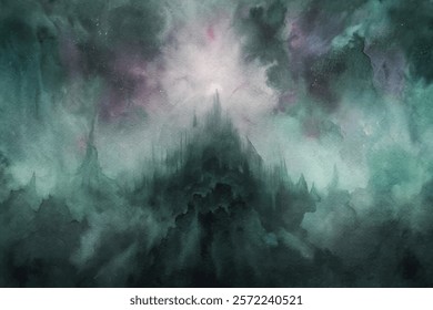 Ethereal landscape, mystical mountains, dark clouds, watercolor style, fantasy art, atmospheric background, dreamlike scenery.