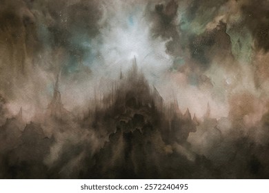 Ethereal landscape painting, mystical mountain silhouette, dramatic clouds, soft color gradients, abstract art style.