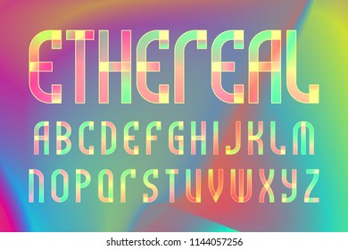 Ethereal letters alphabet. Colorful translucent font. Isolated english alphabet on iridescent background.