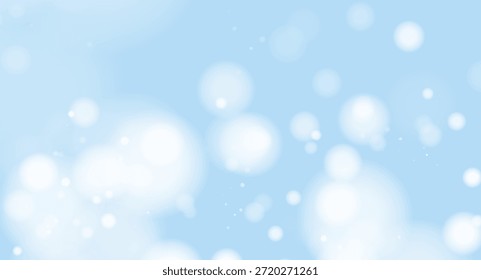 Fondo bokeh azul claro etéreo con suaves círculos blancos desenfocados y pequeños puntos brillantes que crean una atmósfera de ensueño para un diseño elegante y temas festivos