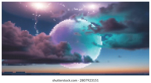 Ethereal night seascape with large glowing orb, purple and turquoise sky, digital pointillism texture, calm horizon line, atmospheric dream world.