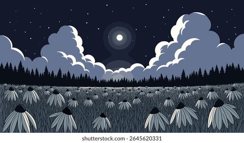 Ethereal Night Sky Over a Field of Flowers Under a Full Moon