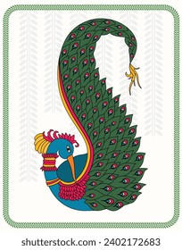 Ethereal Peacock: Traditional Madhubani Artistry. Ethnic Vector Illustration, Abstract Peacock Fusion, Traditional Vector Wall Decor