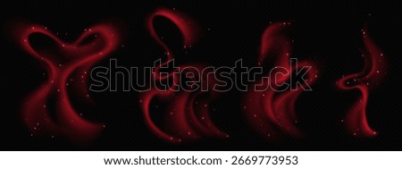 Ethereal red sparkle magic in heart and smoke shapes with glowing particles on black background. Mystical crimson light trails in romantic symbols and flowing wisps for love visual effects with stars.