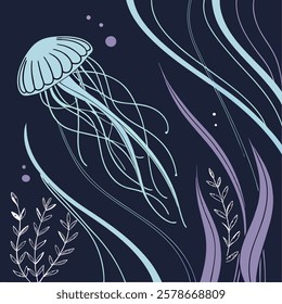 Ethereal Vector Underwater Scene with Graceful Jellyfish and Aquatic Plants