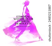 Ethereal Watercolor Fashion Silhouette. Vector illustration of runway model walking in a long, flowing dress. Her hair is pulled back and she is wearing heels.