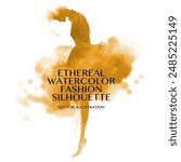 Ethereal Watercolor Fashion Silhouette. Vector illustration of girl in a flowing dress, rendered in shades of gold. The golden ink splash creates luxurious atmosphere against white background.