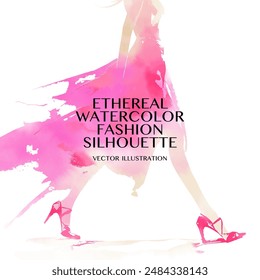 Ethereal Aquarell Mode Silhouette.  Vektorillustration eines Models, das ein rosa Kleid trägt, geht anmutig mit einem weichen, ätherischen Ambiente auf weißem Hintergrund.