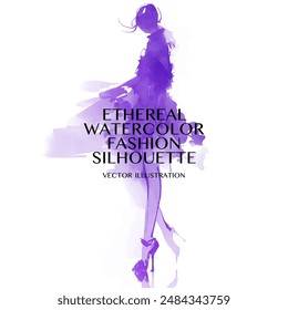 Ethereal Watercolor Fashion Silhouette.  Vector Illustration a beautiful model  wearing a long dress with a flowy skirt. She is outlined in a purple color and is depicted in a dynamic pose