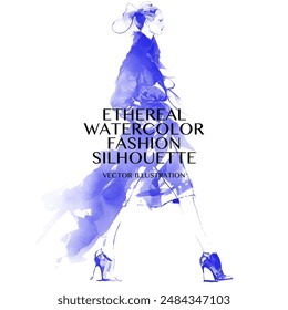 Ethereal Watercolor Fashion Silhouette. Vector illustration of a beautiful model in a flowing blue dress, walking forward, in abstract, soft and atmospheric minimalistic watercolor style 