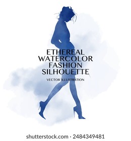Ethereal Watercolor Fashion Silhouette. Vector illustration of a beautiful model in a flowing blue dress, standing pose, in abstract, soft and atmospheric minimalistic watercolor style 