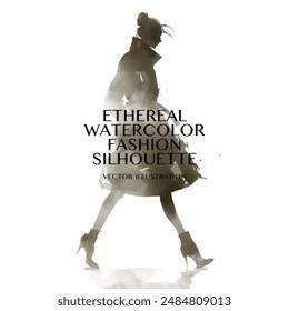 Ethereal Watercolor Fashion Silhouette. Vector illustration of a fashion model wearing a coat and boots walking in a light brown color scheme on white background