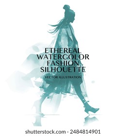 Ethereal Watercolor Fashion Silhouette. Vector illustration of a woman wearing a dress, walking in a graceful pose. Her dress and hair are painted with shades of teal on white background.