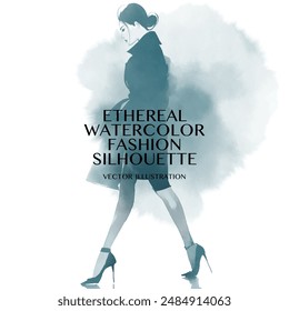 Ethereal Watercolor Fashion Silhouette. Vector illustration of a fashionable woman in teal color walking with confidence, creating a soft water color atmospheric effect. 