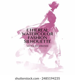Ethereal Watercolor Fashion Silhouette. Vector illustration of delicate pink brushstrokes of elegant woman silhouette showcasing whimsical and dreamy concept. Ideal for poster or book cover design.