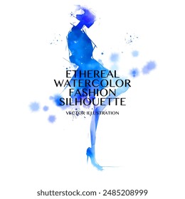 Ethereal Watercolor Fashion Silhouette. Vector illustration of woman with soft blue water color effect. The model legs extending from bottom of the watercolor splashes and high heel on her right foot.