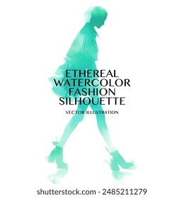 Ethereal Watercolor Fashion Silhouette. Vector illustration of girl walking in a minimalist stylish pose in green water color effect on white background