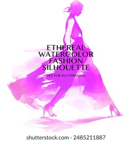 Ethereal Watercolor Fashion Silhouette. Vector illustration of runway model walking in a long, flowing dress. Her hair is pulled back and she is wearing heels.