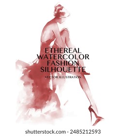 Ethereal Watercolor Fashion Silhouette. Vector illustration of woman in elegant dress and high heels sits with one leg stretched out and her hand on her knee.