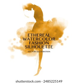 Ethereal Watercolor Fashion Silhouette. Vector illustration of girl in a flowing dress, rendered in shades of gold. The golden ink splash creates luxurious atmosphere against white background.