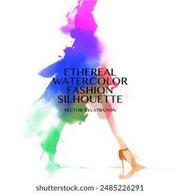 Ethereal Watercolor Fashion Silhouette. Vector illustration of a model walking, painted in shades of pink, purple, blue, green, and orange, on a white background.