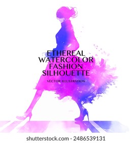 Ethereal Watercolor Fashion Silhouette. Vector illustration of a model in fluffy feather dress walking across a white background. The illustration is a silhouette made using pink and blue watercolor.