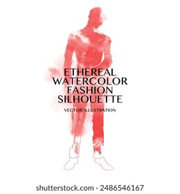 Ethereal Watercolor Fashion Silhouette. Vector illustration of a man's shadow created with red watercolor washes. The man is standing in a relaxed pose isolated against white background.