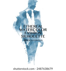 Silueta de moda de acuarela etérea. Ilustración vectorial de hombre elegante en traje, en acuarela azul pálido efecto de salpicadura de tinta sobre fondo blanco. abstracción de ensueño y artística.