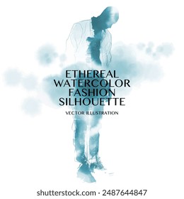 Ethereal Watercolor Fashion Silhouette. Vector illustration of man in jacket, drawn with soft, blue watercolor strokes adds dreamlike quality to this expressive and conceptual fashion imagery.