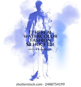 Ethereal Watercolor Fashion Silhouette. Vector illustration of stylized, abstract man in suit. The figure is drawn and painted in shades of purplish blue watercolor standing against white background.