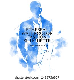 Ethereal Watercolor Fashion Silhouette. Vector illustration of a man stands in casual attire, the model delicately sketch using blue water color splashes on white background that resembles cloudy sky.