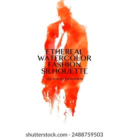 Ethereal Watercolor Fashion Silhouette. Vector illustration of confident businessman in suit and tie. The abstract male figure is outlined in fiery, vibrant hues of orange and red on white backdround.