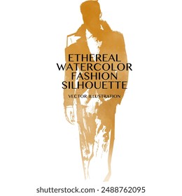 Ethereal Watercolor Fashion Silhouette. Vector illustration of man in trendy smart suit, painted in abstract golden ink water color, walks forward with purpose and confidence against white background.