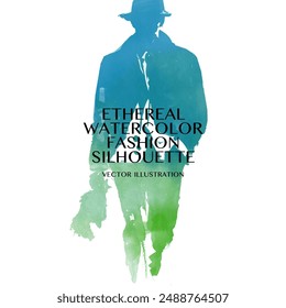 Ethereal Watercolor Fashion Silhouette. Vector illustration of stylish gentleman, wearing a hat and coat, walks confidently in blue and green ombre hues, evoking a sense of spring and new beginning.