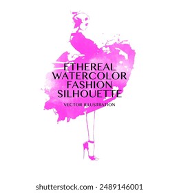 Ethereal Watercolor Fashion Silhouette. Vector illustration of young female model pose in a flowing dress billows out around her. Pink water color washes create a sense of movement and grace.