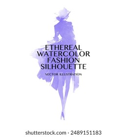 Ethereal Watercolor Fashion Silhouette. Vector illustration of elegant woman wearing a flowing lavender dress, Her silhouette is outlined in soft purple hues, creating delicate and elegant impression.