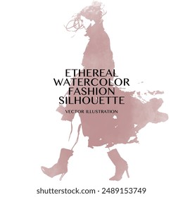 Ethereal Watercolor Fashion Silhouette. Vector illustration of confident female model in long coat and high heels cat-walking on a runway show in soft rosy pink water color washes on white background.