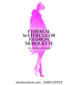 Ethereal Watercolor Fashion Silhouette. Vector illustration of mystery and elegance girl wearing coat, Her head slightly bowed, suggesting gentle breeze or contemplative mood in soft pink color wash.