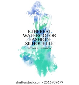 Ethereal Watercolor Fashion Silhouette. Vector illustration of a young woman in a flowing dress surrounded by watercolor splashes of blue and green enjoying a moment of bliss in a serene setting.