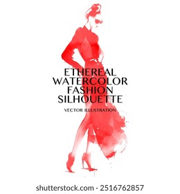 Ethereal Watercolor Fashion Silhouette. Vector illustration of an elegant woman in red dress striking a pose against a white background during a fashion showcase.