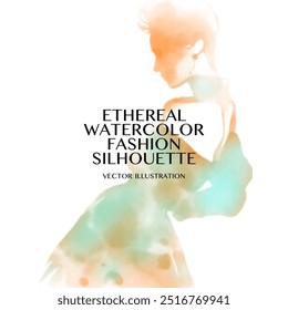 Ethereal Watercolor Fashion Silhouette. Vector illustration of an elegant woman silhouette in a flowing dress highlighted with soft teal green and gold colors in creative artistic rendering.