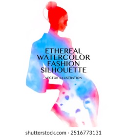 Silueta de moda de acuarela etérea. Ilustración vectorial de una elegante silueta de mujer en acuarela azul y roja que muestra una figura moderna con un moño, que exuda sofisticación y gracia.