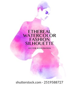 Ethereal Watercolor Fashion Silhouette. Vector illustration of a stylish model showcases a vibrant pink and purple outfit, posed gracefully with a soft, watercolor effect surrounding her.