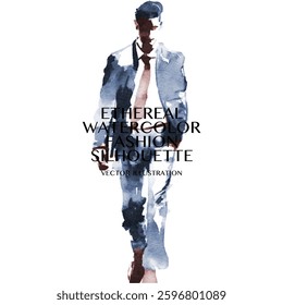 Ethereal Watercolor Fashion Silhouette. Vector duotone illustration of abstract male fashion silhouette in blue and brown watercolor style capturing minimal elegance and modern sophistication design.