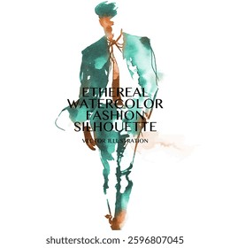 Ethereal Watercolor Fashion Silhouette. Vector duotone illustration of striking male fashion silhouette in teal and orange vibrant watercolor hues showcasing blend of modern elegance and creativity.