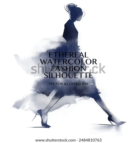 Ethereal Watercolor Fashion Silhouette. Vector illustration of a  woman walking in an elegant pose with her dress is flowing, in dark blue splash ink effect. 