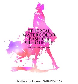 Ethereal Watercolor Fashion Silhouette. Silhouette of a woman in a flowing dress, painted in shades of pink and purple, against a white background. An abstract depiction of fashion and style.