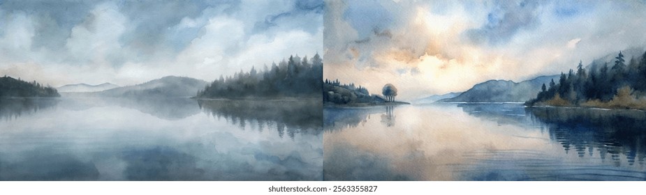 Ethereal watercolor landscape depicting a misty lake at dusk, surrounded by mountains and trees.